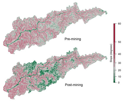 Figure 1:  Map Showing Pre and Post Mountaintop Removal Land Elevation